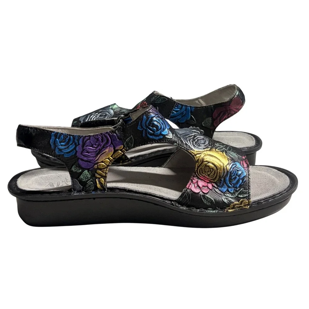 Alegria Black Metallic Floral Leather Sandals 9.5 Boho Whimsigoth Festival Art